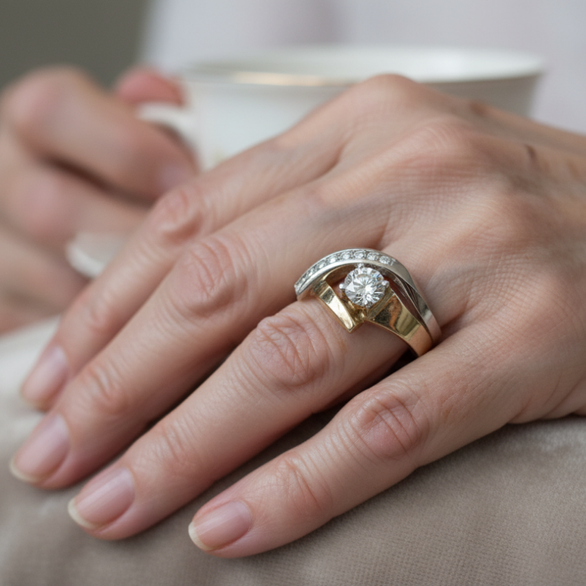 Vintage Unregelmäßiger Gold & Silber Zirkonia Ring